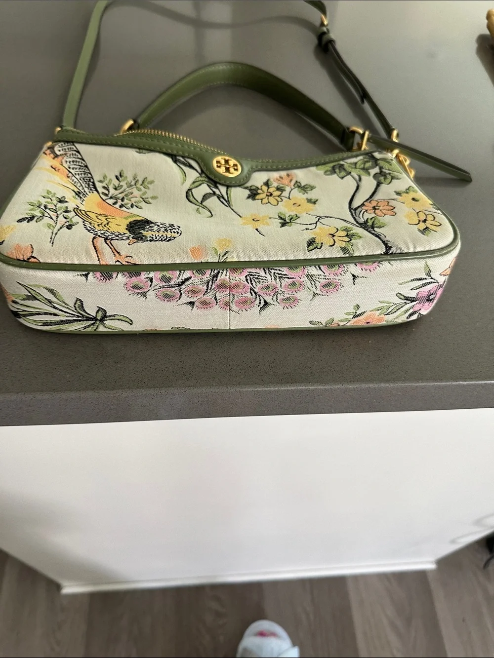 Tory Burch Olive Green Floral Bird Shoulder Bag